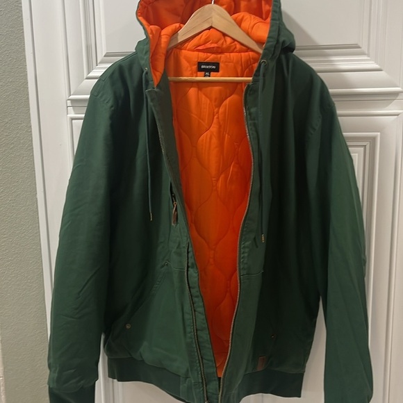BRIXTON BUILDERS HOODED WARM WORK CANVAS JACKET GREEN ORANGE QUILTED TRUCKER XL - Picture 8 of 11